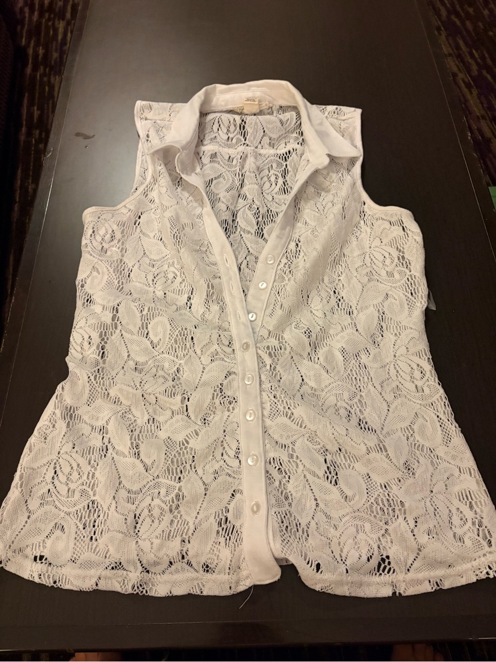 White Lace Sleeveless Button-Front Top